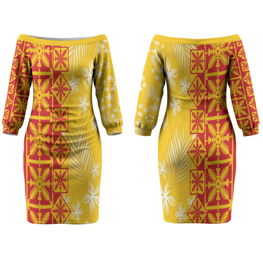 Kahili Quilt Hawaii Couples Matching Off The Shoulder Long Sleeve Dress and Long Sleeve Button Shirt Tropical Flower Seamless Half Style LT14 - Polynesian Pride