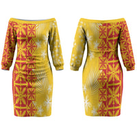 Kahili Quilt Hawaii Couples Matching Off The Shoulder Long Sleeve Dress and Long Sleeve Button Shirt Tropical Flower Seamless Half Style LT14 - Polynesian Pride