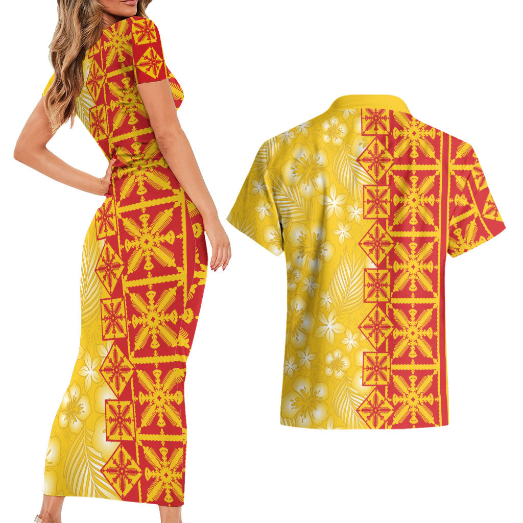 Kahili Quilt Hawaii Couples Matching Short Sleeve Bodycon Dress and Hawaiian Shirt Tropical Flower Seamless Half Style