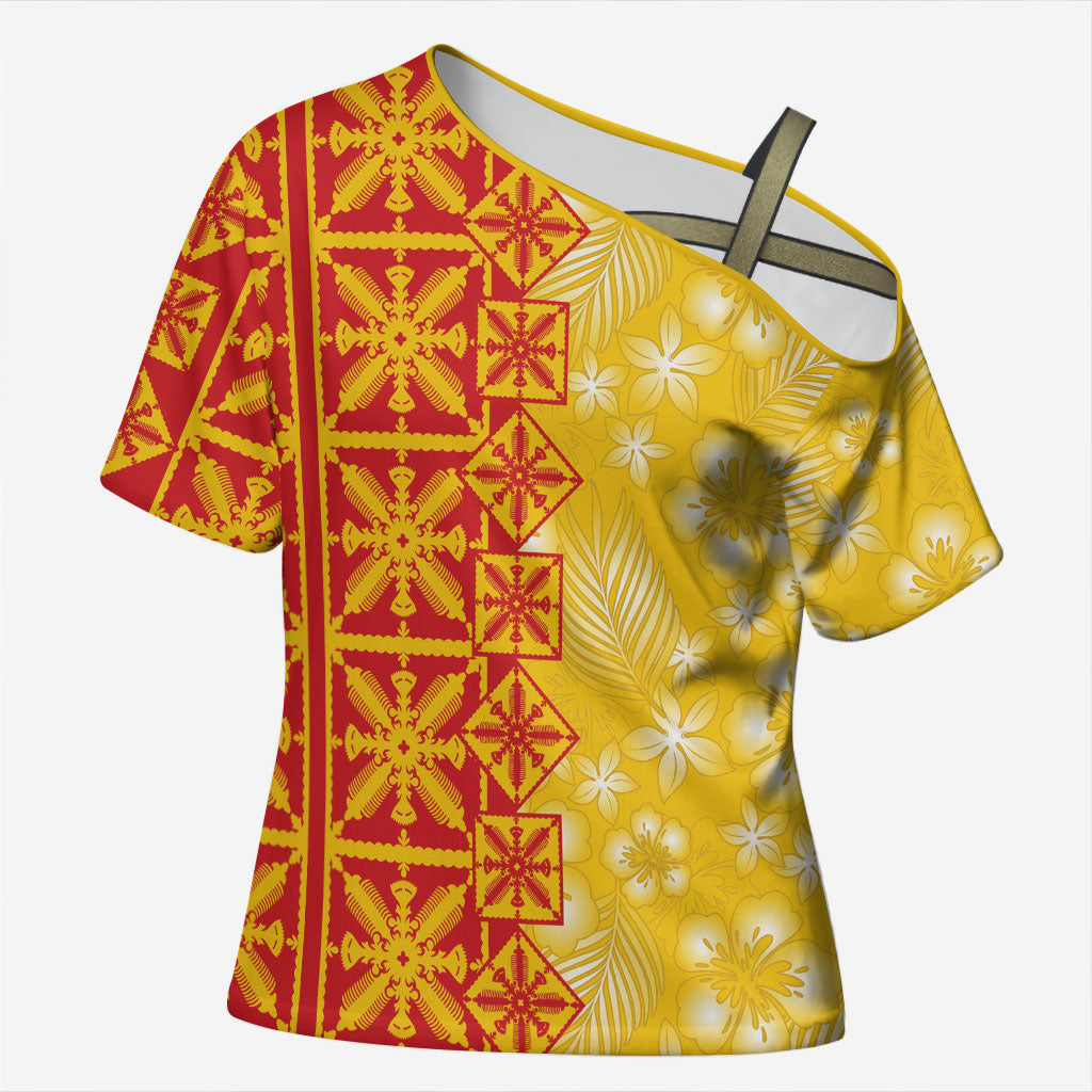 Kahili Quilt Hawaii Cross Shoulder Shirt Tropical Flower Seamless Half Style LT14 Female Yellow - Polynesian Pride