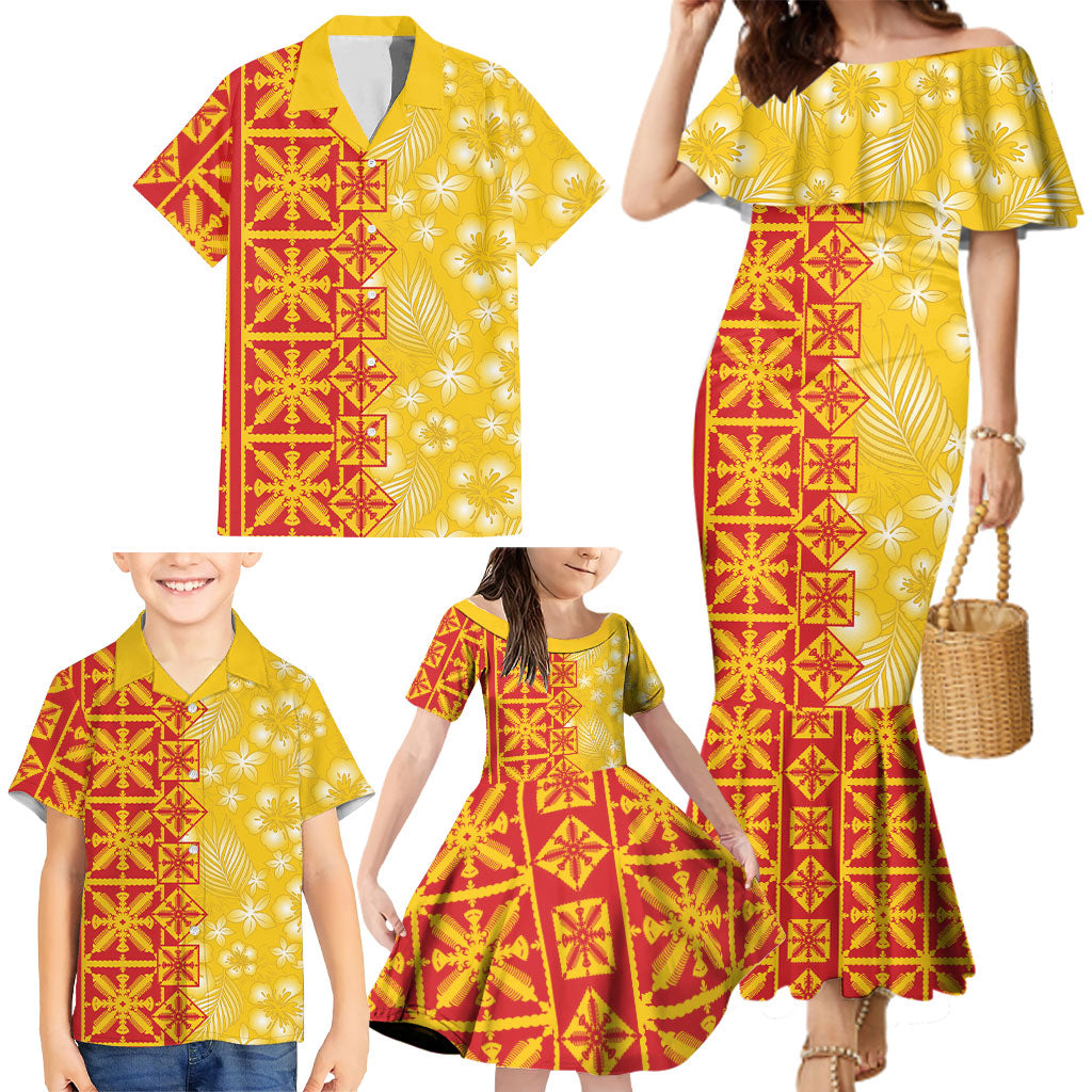 Kahili Quilt Hawaii Family Matching Mermaid Dress and Hawaiian Shirt Tropical Flower Seamless Half Style