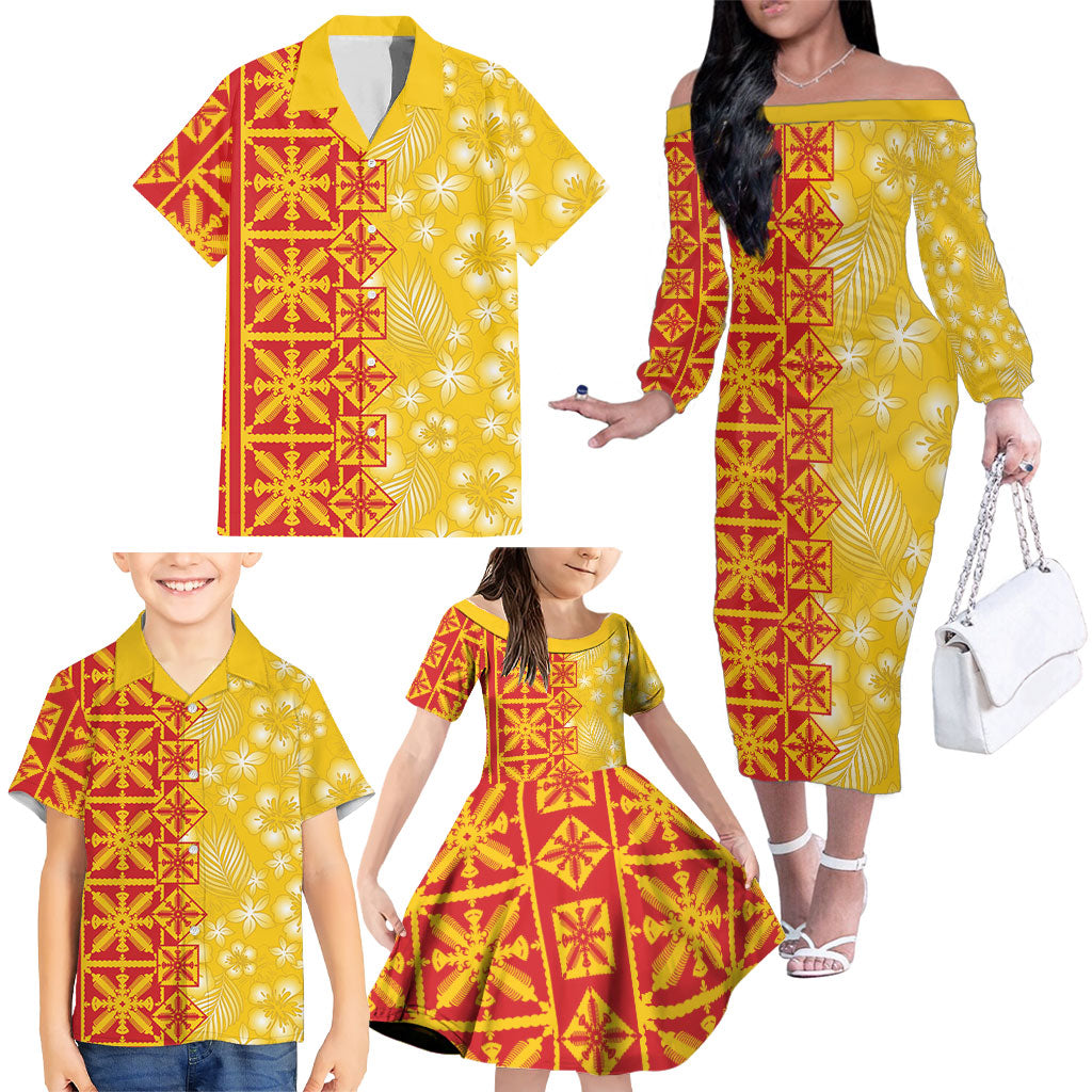 Kahili Quilt Hawaii Family Matching Off The Shoulder Long Sleeve Dress and Hawaiian Shirt Tropical Flower Seamless Half Style LT14 - Polynesian Pride