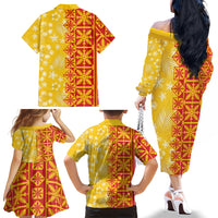 Kahili Quilt Hawaii Family Matching Off The Shoulder Long Sleeve Dress and Hawaiian Shirt Tropical Flower Seamless Half Style