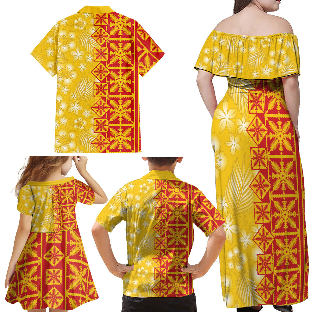 Kahili Quilt Hawaii Family Matching Off Shoulder Maxi Dress and Hawaiian Shirt Tropical Flower Seamless Half Style