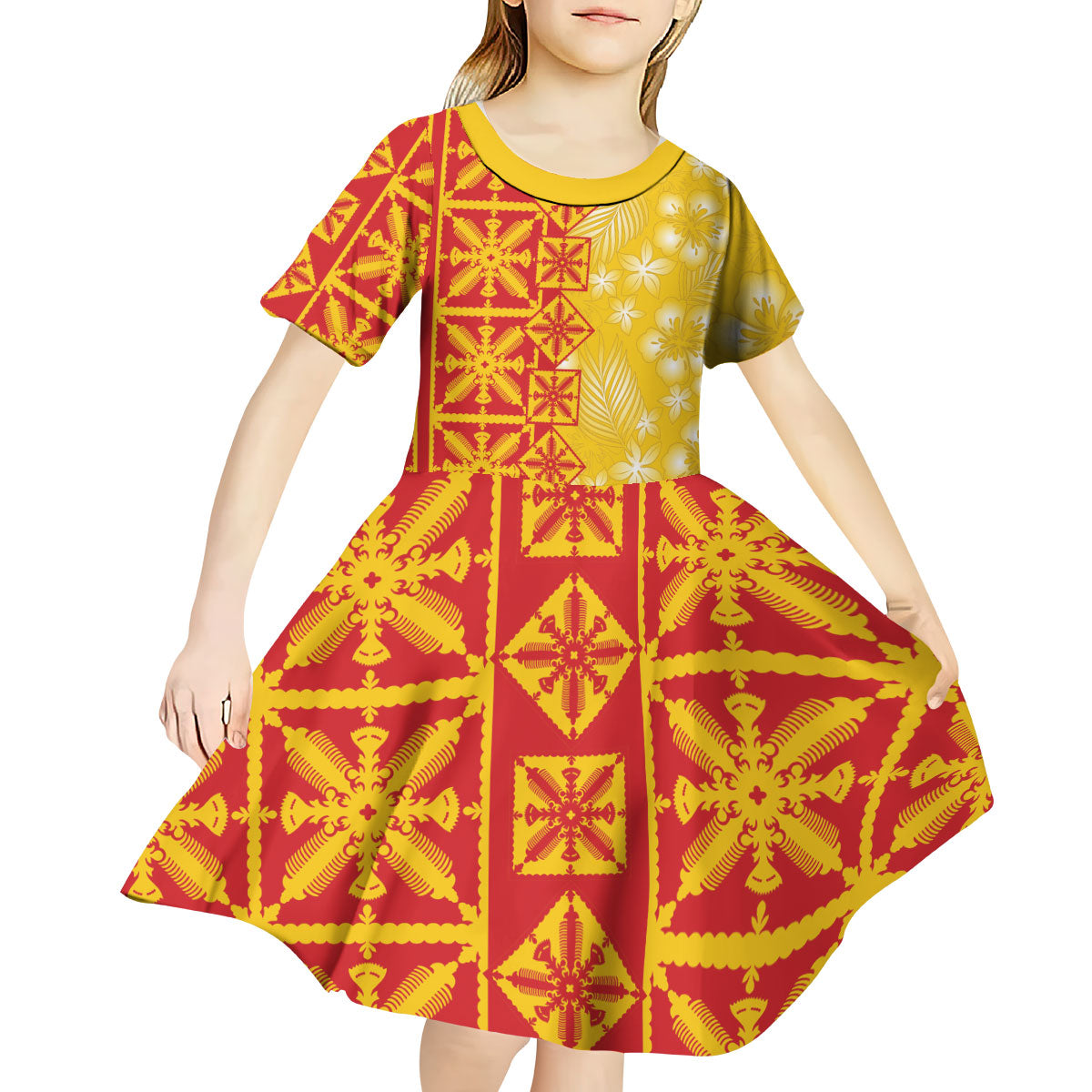 Kahili Quilt Hawaii Kid Short Sleeve Dress Tropical Flower Seamless Half Style