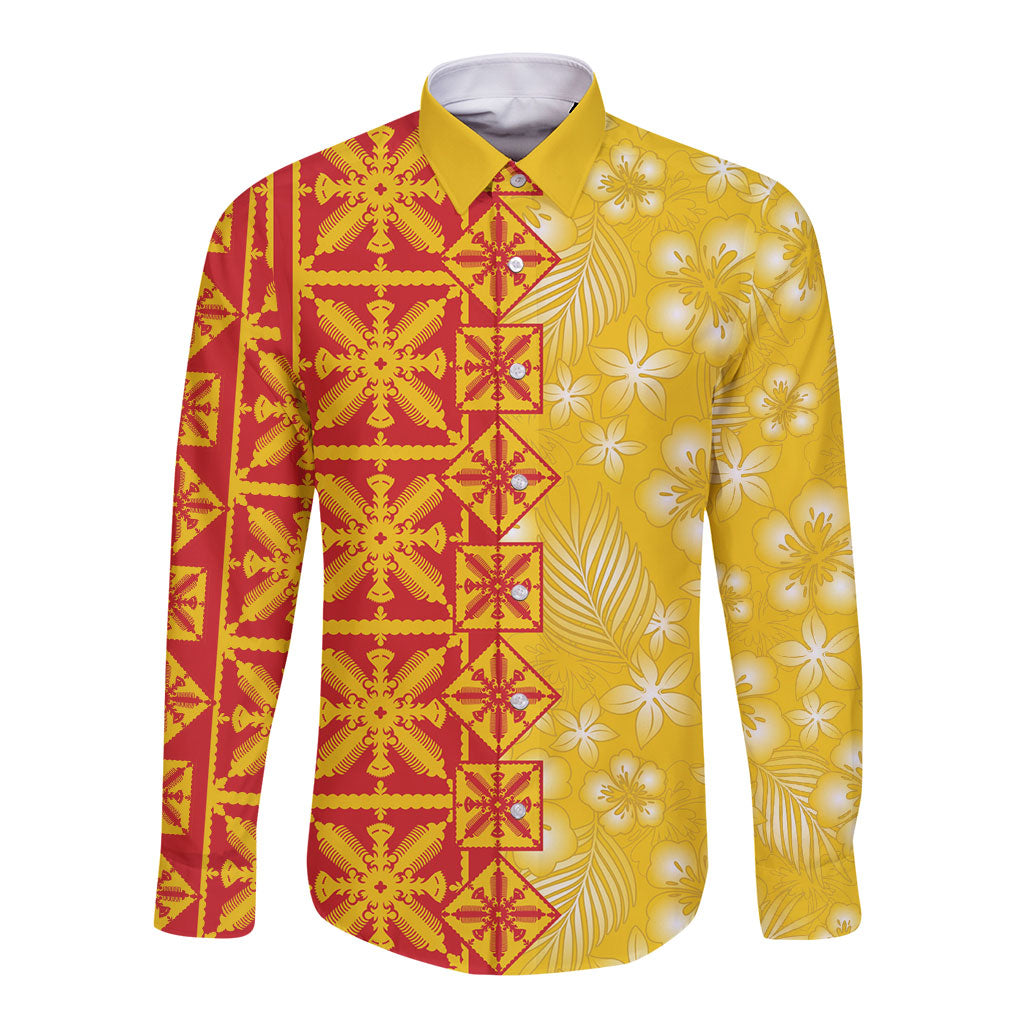 Kahili Quilt Hawaii Long Sleeve Button Shirt Tropical Flower Seamless Half Style LT14 Unisex Yellow - Polynesian Pride
