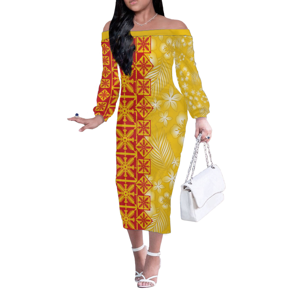 Kahili Quilt Hawaii Off The Shoulder Long Sleeve Dress Tropical Flower Seamless Half Style