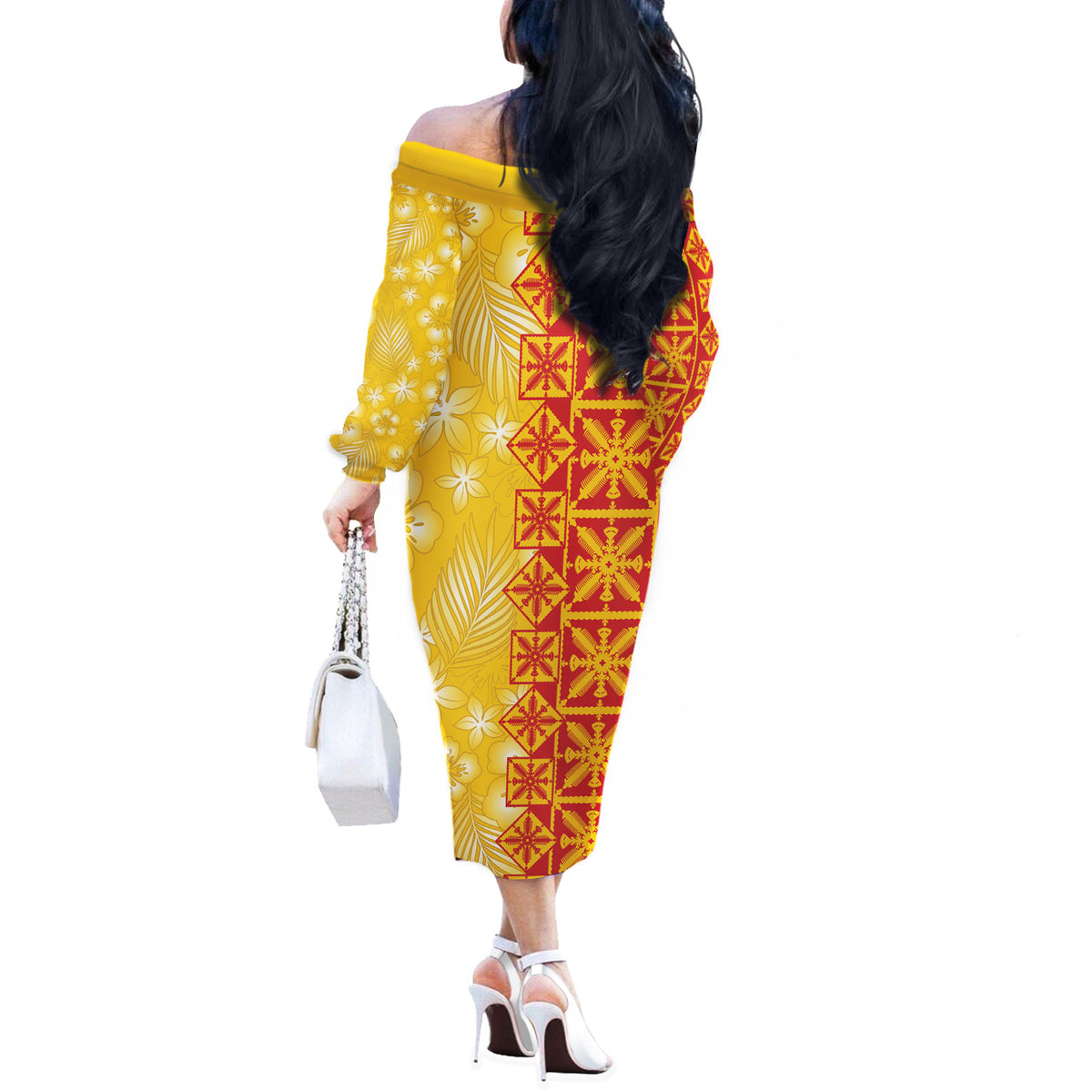 Kahili Quilt Hawaii Off The Shoulder Long Sleeve Dress Tropical Flower Seamless Half Style