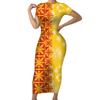 Kahili Quilt Hawaii Short Sleeve Bodycon Dress Tropical Flower Seamless Half Style