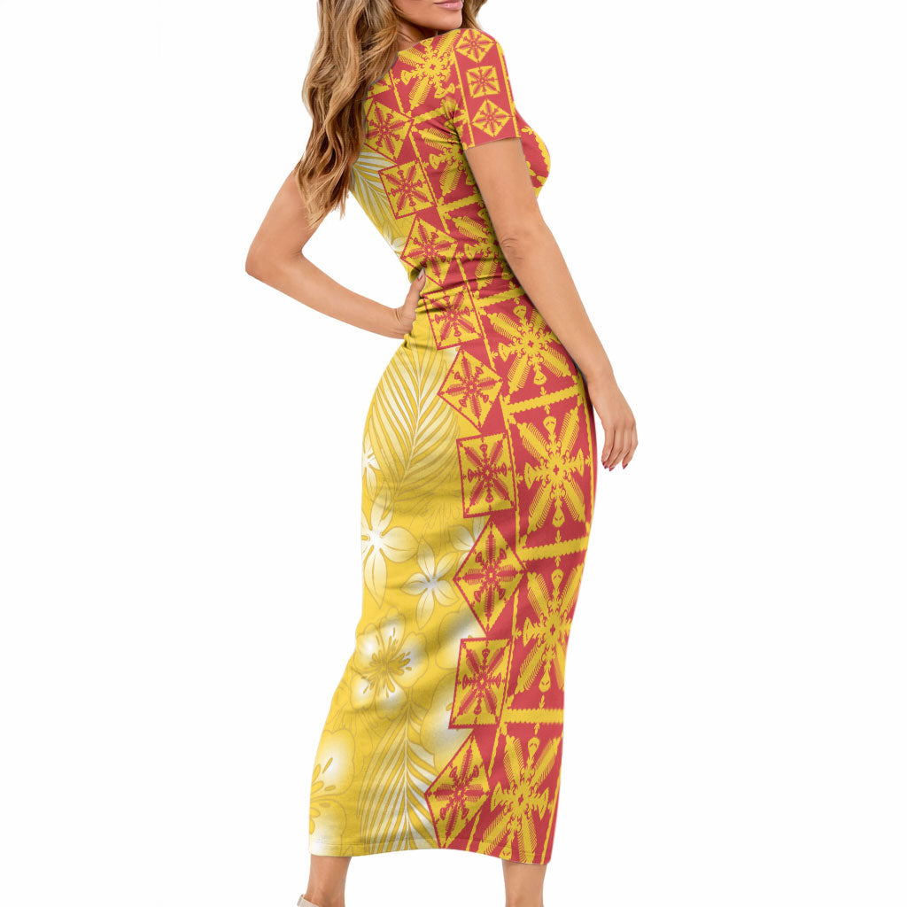 Kahili Quilt Hawaii Short Sleeve Bodycon Dress Tropical Flower Seamless Half Style LT14 - Polynesian Pride