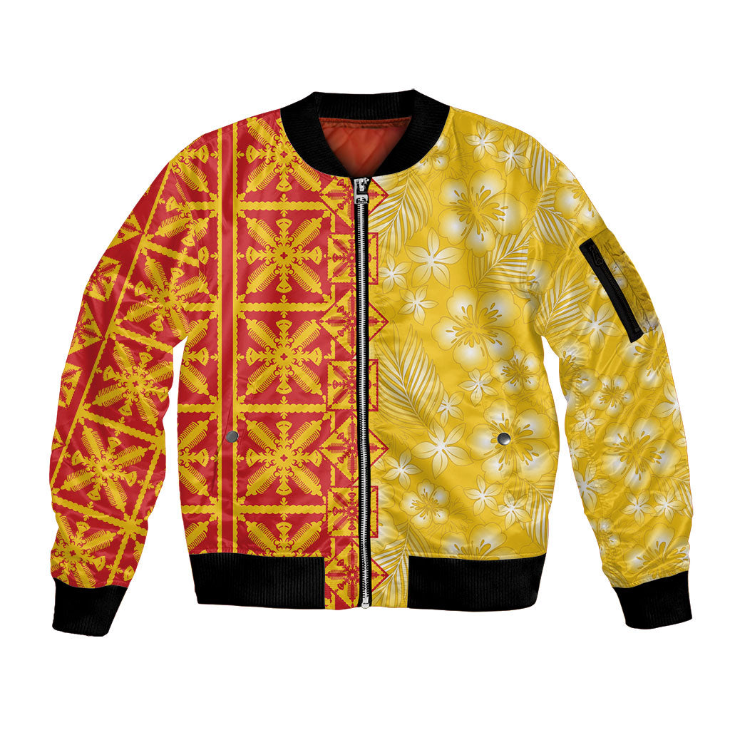 Kahili Quilt Hawaii Sleeve Zip Bomber Jacket Tropical Flower Seamless Half Style LT14 Unisex Yellow - Polynesian Pride