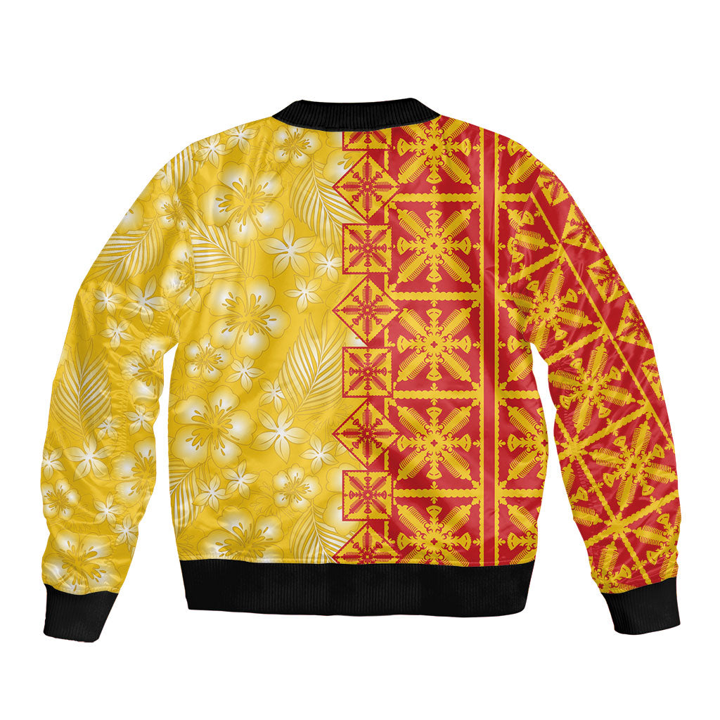 Kahili Quilt Hawaii Sleeve Zip Bomber Jacket Tropical Flower Seamless Half Style