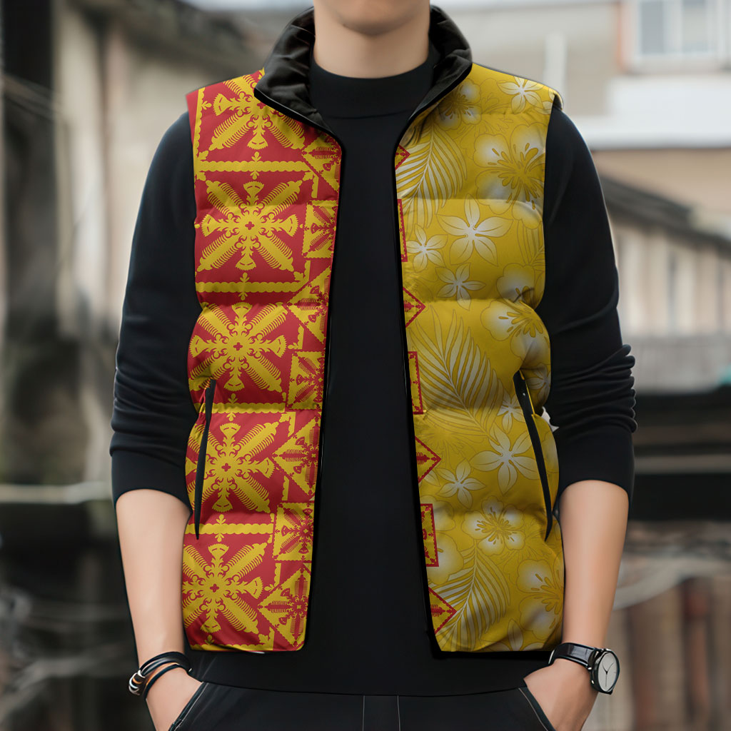 Kahili Quilt Hawaii Sleeveless Puffer Jacket Tropical Flower Seamless Half Style