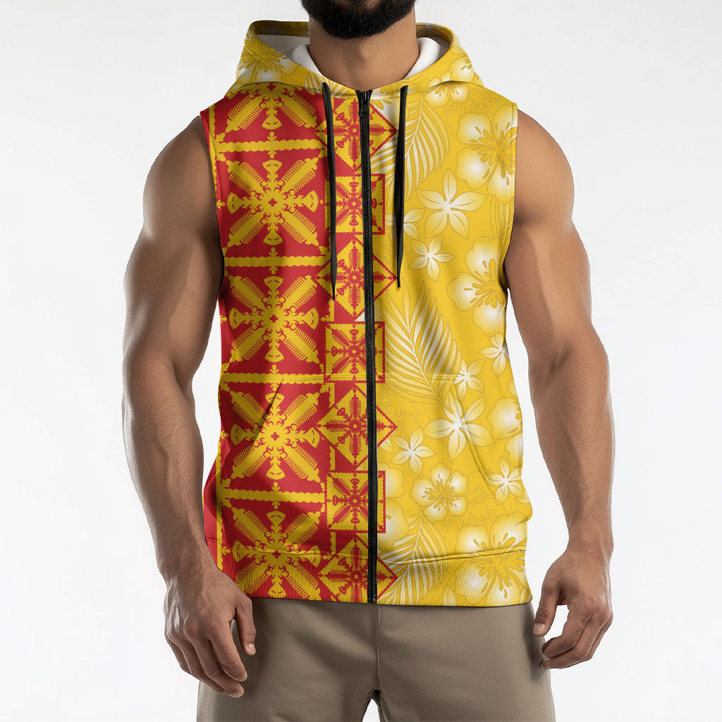 Kahili Quilt Hawaii Sleeveless Zip Hoodie Tropical Flower Seamless Half Style