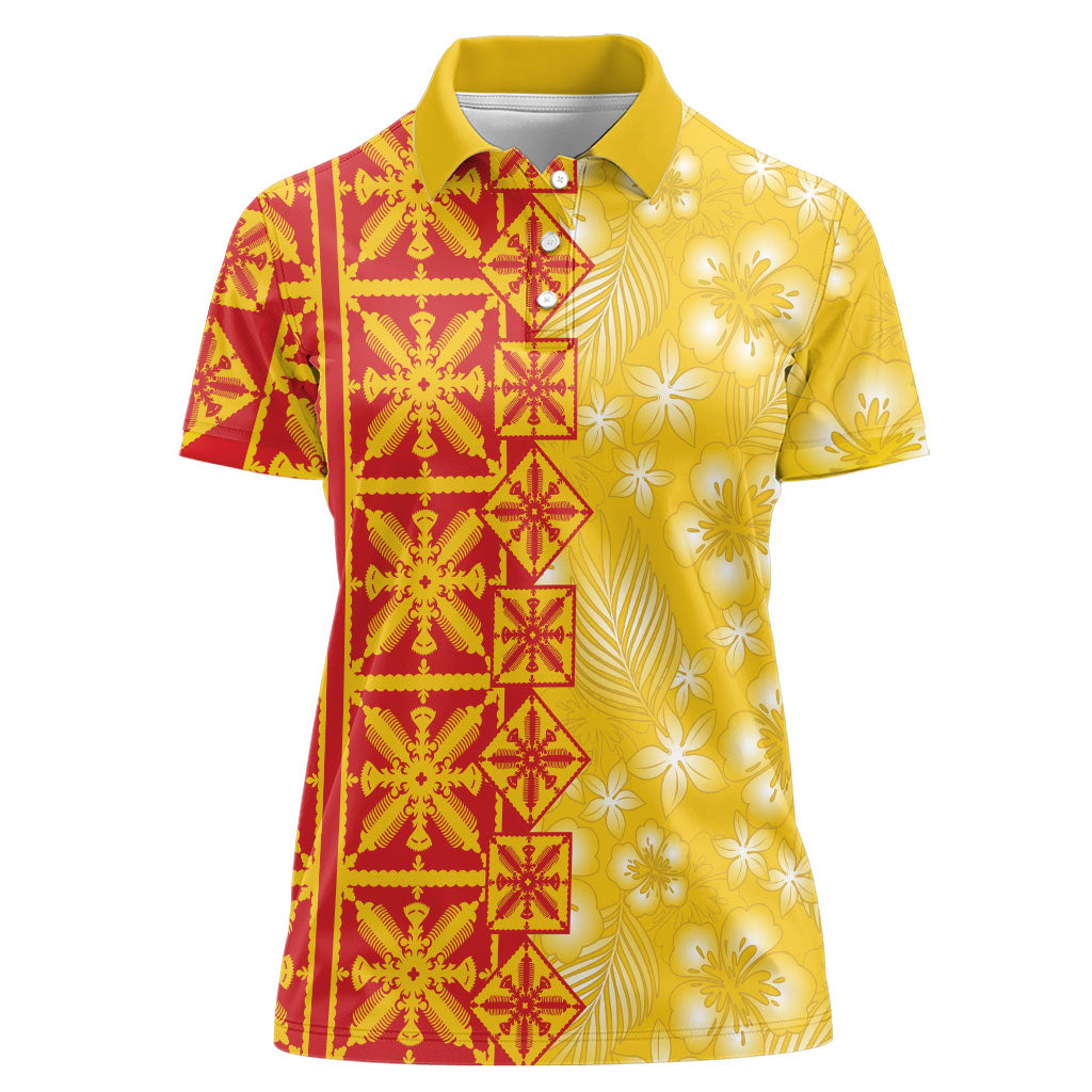 Kahili Quilt Hawaii Women Polo Shirt Tropical Flower Seamless Half Style LT14 Female Yellow - Polynesian Pride