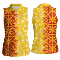 Kahili Quilt Hawaii Women Sleeveless Polo Shirt Tropical Flower Seamless Half Style