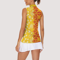 Kahili Quilt Hawaii Women Sleeveless Polo Shirt Tropical Flower Seamless Half Style