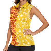 Kahili Quilt Hawaii Women Sleeveless Polo Shirt Tropical Flower Seamless Half Style