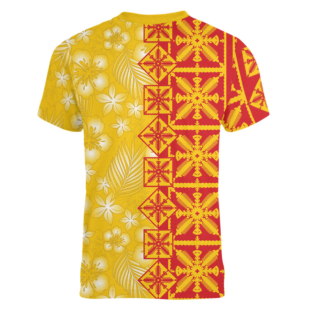 Kahili Quilt Hawaii Women V-Neck T-Shirt Tropical Flower Seamless Half Style