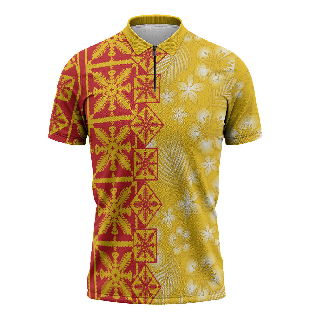 Kahili Quilt Hawaii Zipper Polo Shirt Tropical Flower Seamless Half Style LT14 Yellow - Polynesian Pride