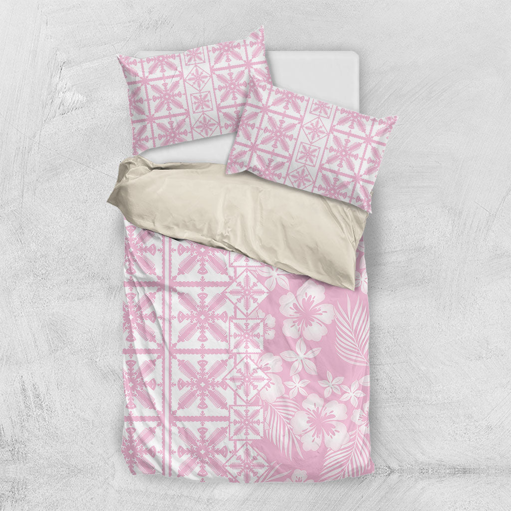 Pastel Pink Kahili Quilt Hawaii Bedding Set Tropical Flower Seamless Half Style