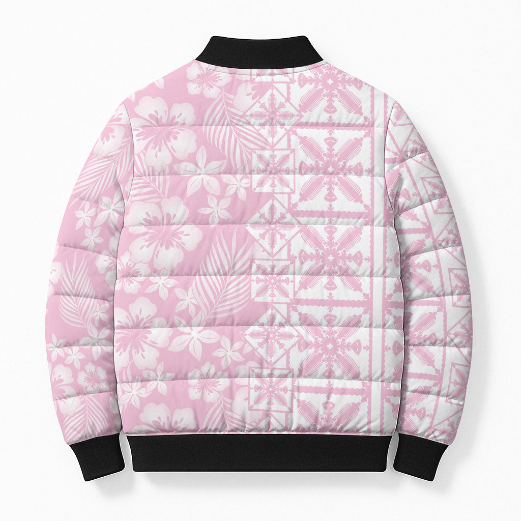 Pastel Pink Kahili Quilt Hawaii Bomber Puffer Jacket Tropical Flower Seamless Half Style