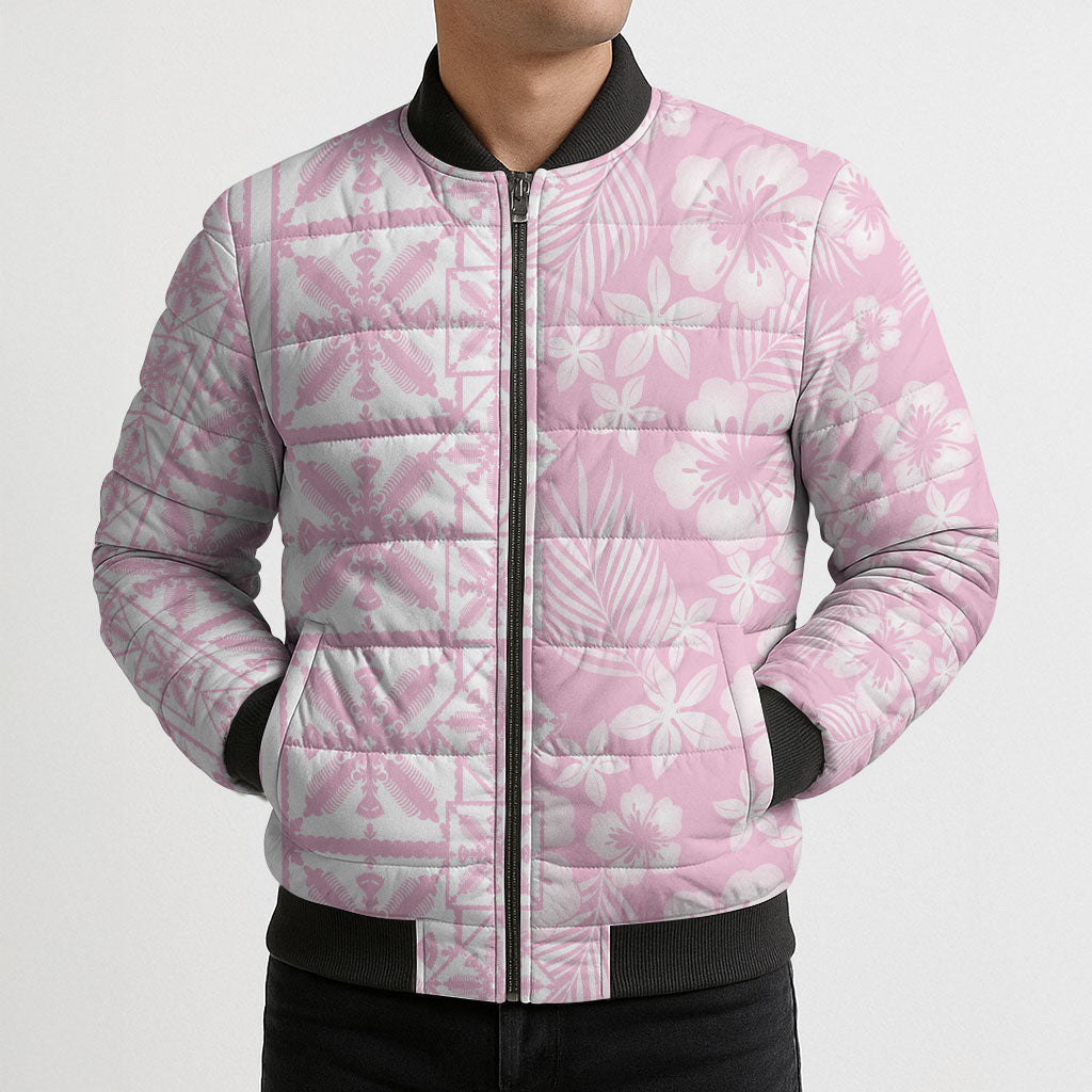 Pastel Pink Kahili Quilt Hawaii Bomber Puffer Jacket Tropical Flower Seamless Half Style