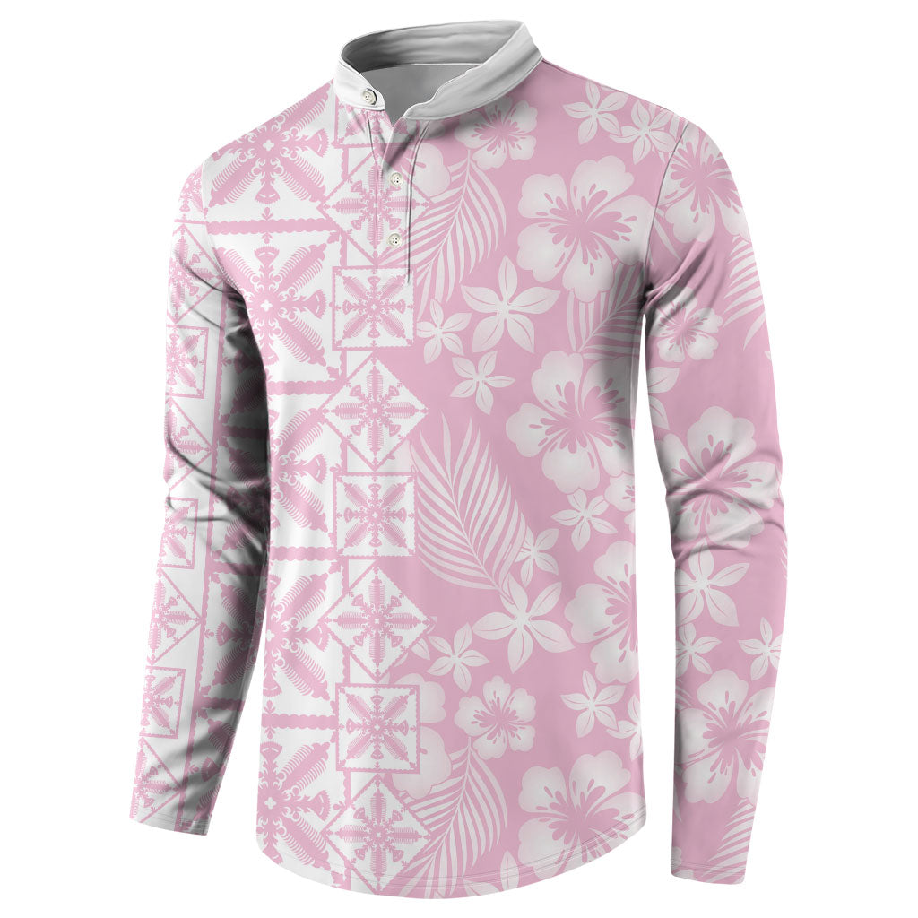 Pastel Pink Kahili Quilt Hawaii Button Sweatshirt Tropical Flower Seamless Half Style
