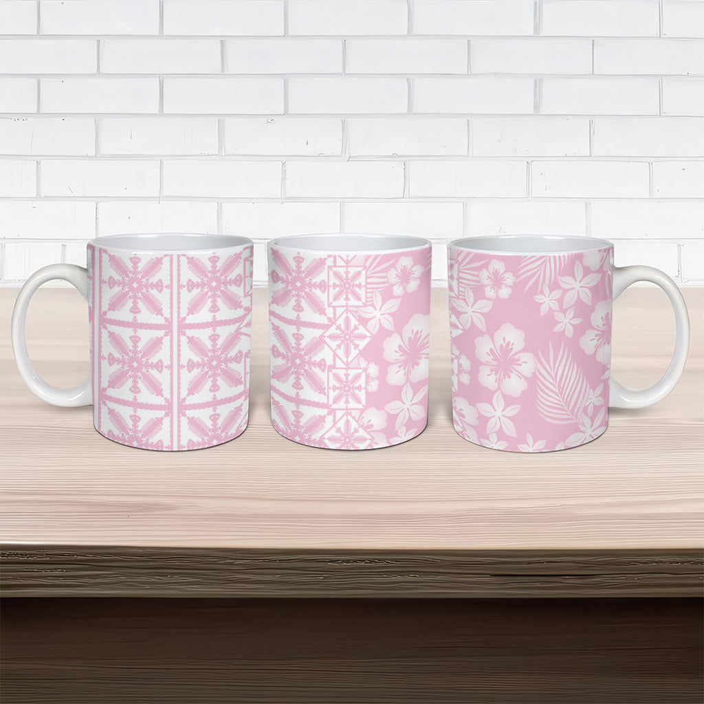 Pastel Pink Kahili Quilt Hawaii Ceramic Mug Tropical Flower Seamless Half Style