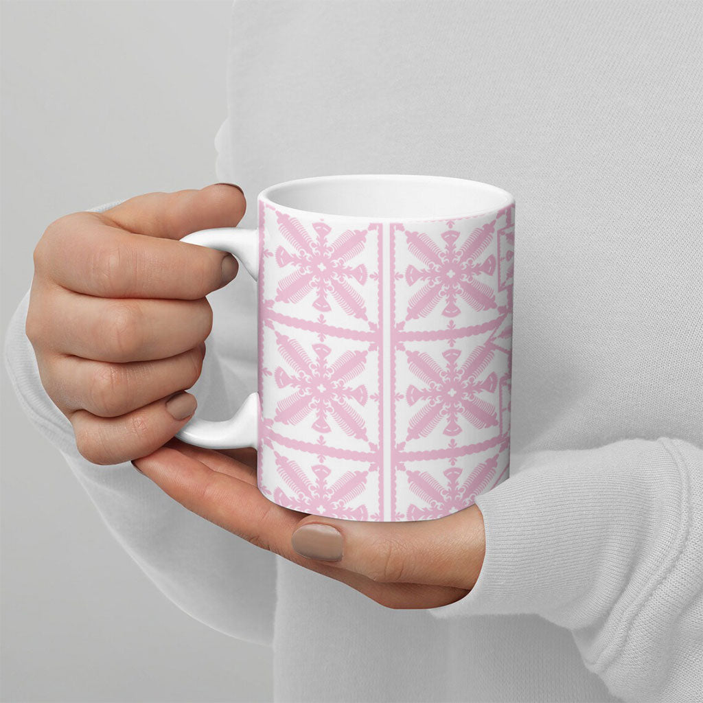 Pastel Pink Kahili Quilt Hawaii Ceramic Mug Tropical Flower Seamless Half Style