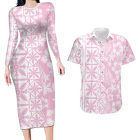 Pastel Pink Kahili Quilt Hawaii Couples Matching Long Sleeve Bodycon Dress and Hawaiian Shirt Tropical Flower Seamless Half Style