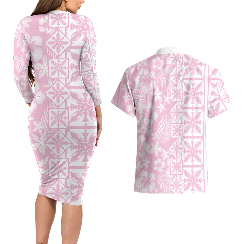 Pastel Pink Kahili Quilt Hawaii Couples Matching Long Sleeve Bodycon Dress and Hawaiian Shirt Tropical Flower Seamless Half Style