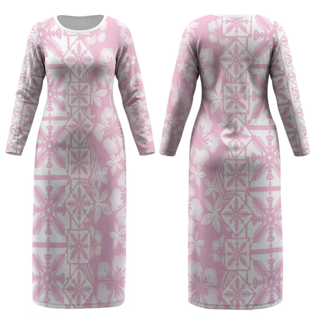 Pastel Pink Kahili Quilt Hawaii Couples Matching Long Sleeve Bodycon Dress and Hawaiian Shirt Tropical Flower Seamless Half Style LT14 - Polynesian Pride