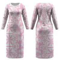 Pastel Pink Kahili Quilt Hawaii Couples Matching Long Sleeve Bodycon Dress and Hawaiian Shirt Tropical Flower Seamless Half Style LT14 - Polynesian Pride