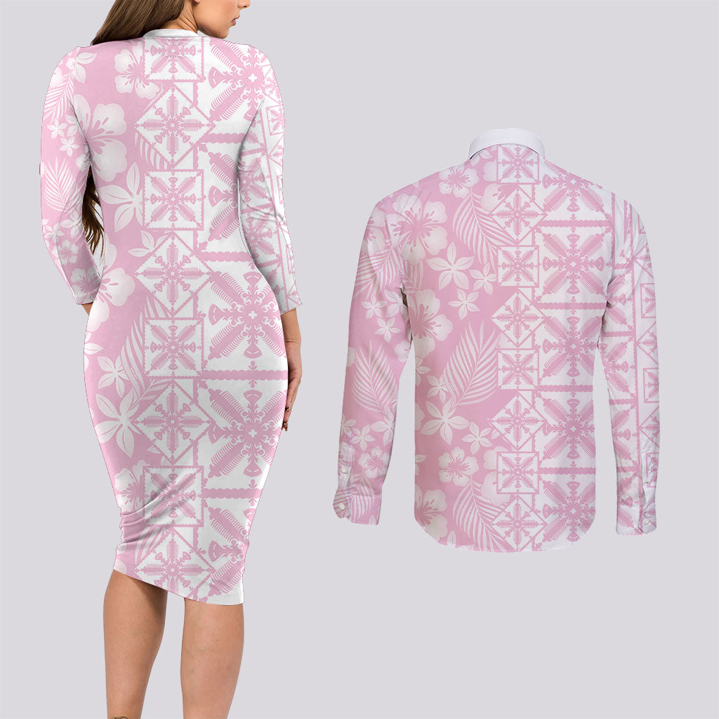 Pastel Pink Kahili Quilt Hawaii Couples Matching Long Sleeve Bodycon Dress and Long Sleeve Button Shirt Tropical Flower Seamless Half Style