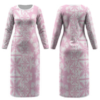 Pastel Pink Kahili Quilt Hawaii Couples Matching Long Sleeve Bodycon Dress and Long Sleeve Button Shirt Tropical Flower Seamless Half Style LT14 - Polynesian Pride