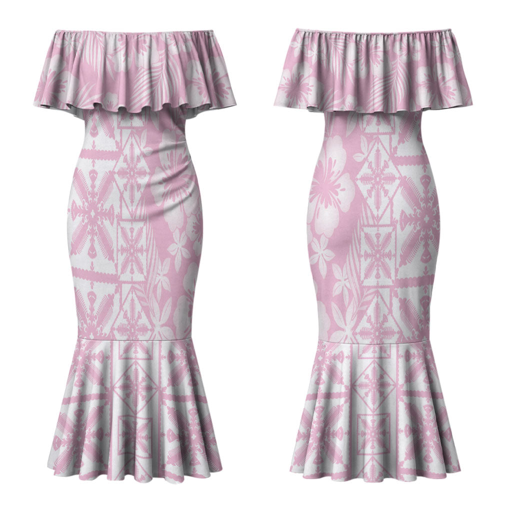 Pastel Pink Kahili Quilt Hawaii Couples Matching Mermaid Dress and Hawaiian Shirt Tropical Flower Seamless Half Style LT14 - Polynesian Pride