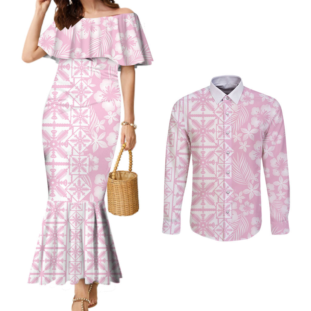 Pastel Pink Kahili Quilt Hawaii Couples Matching Mermaid Dress and Long Sleeve Button Shirt Tropical Flower Seamless Half Style LT14 Pink - Polynesian Pride