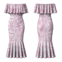 Pastel Pink Kahili Quilt Hawaii Couples Matching Mermaid Dress and Long Sleeve Button Shirt Tropical Flower Seamless Half Style LT14 - Polynesian Pride