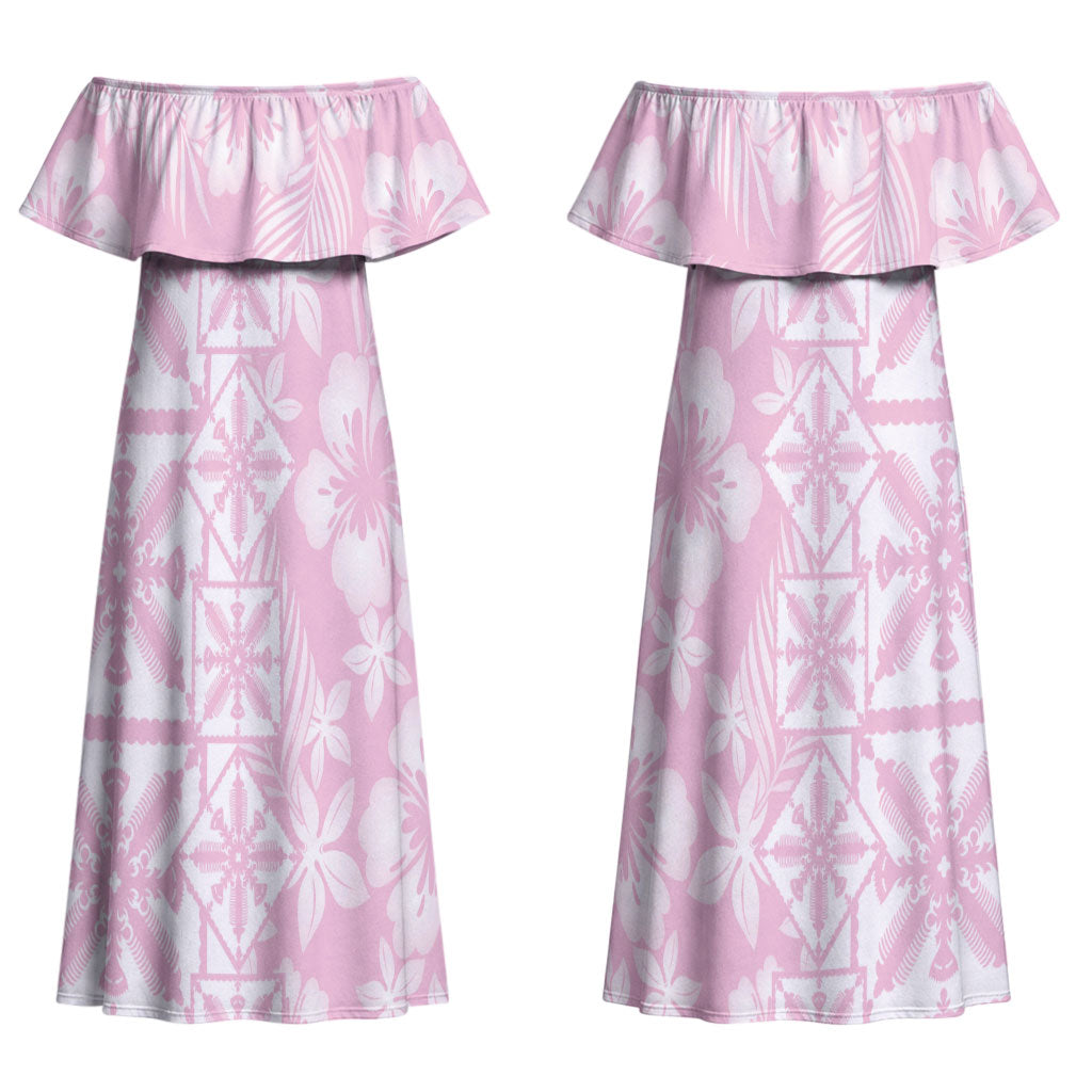 Pastel Pink Kahili Quilt Hawaii Couples Matching Off Shoulder Maxi Dress and Long Sleeve Button Shirt Tropical Flower Seamless Half Style LT14 - Polynesian Pride