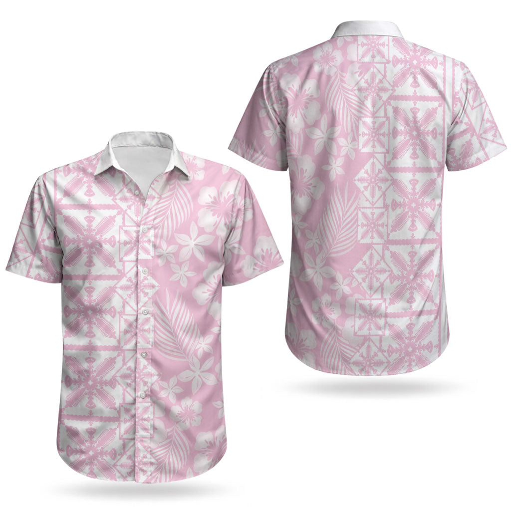 Pastel Pink Kahili Quilt Hawaii Couples Matching Off Shoulder Short Dress and Hawaiian Shirt Tropical Flower Seamless Half Style LT14 - Polynesian Pride