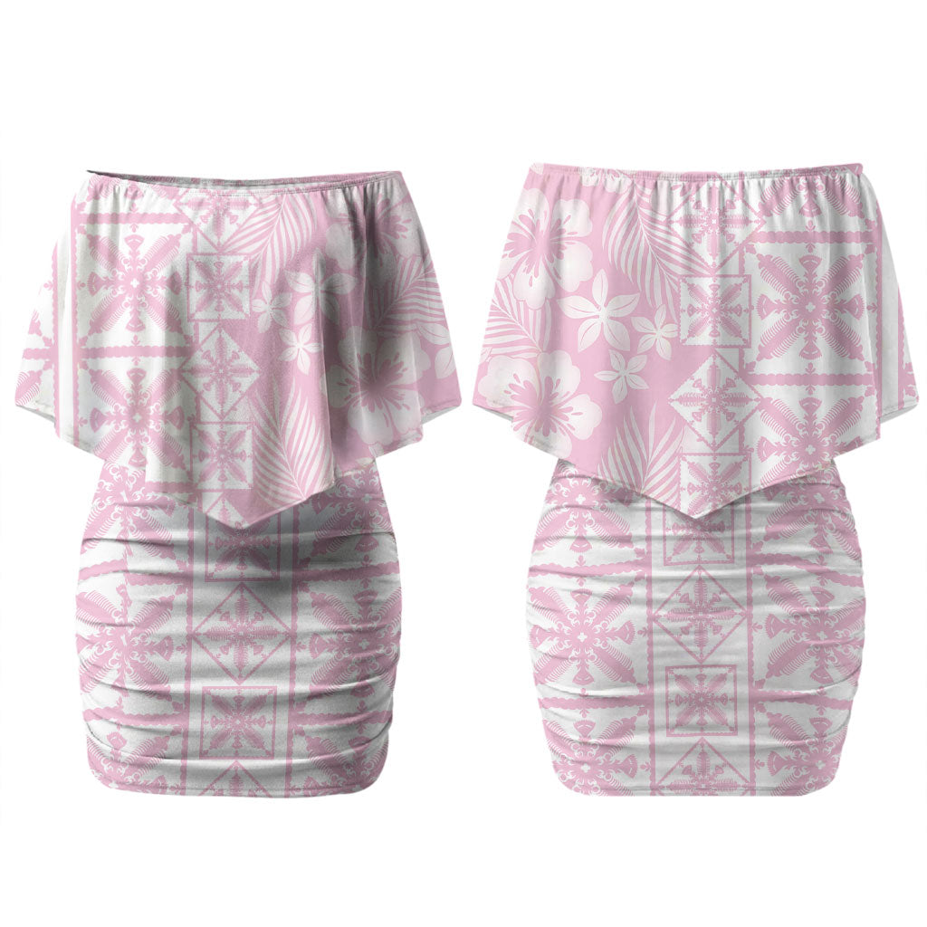 Pastel Pink Kahili Quilt Hawaii Couples Matching Off Shoulder Short Dress and Long Sleeve Button Shirt Tropical Flower Seamless Half Style LT14 - Polynesian Pride