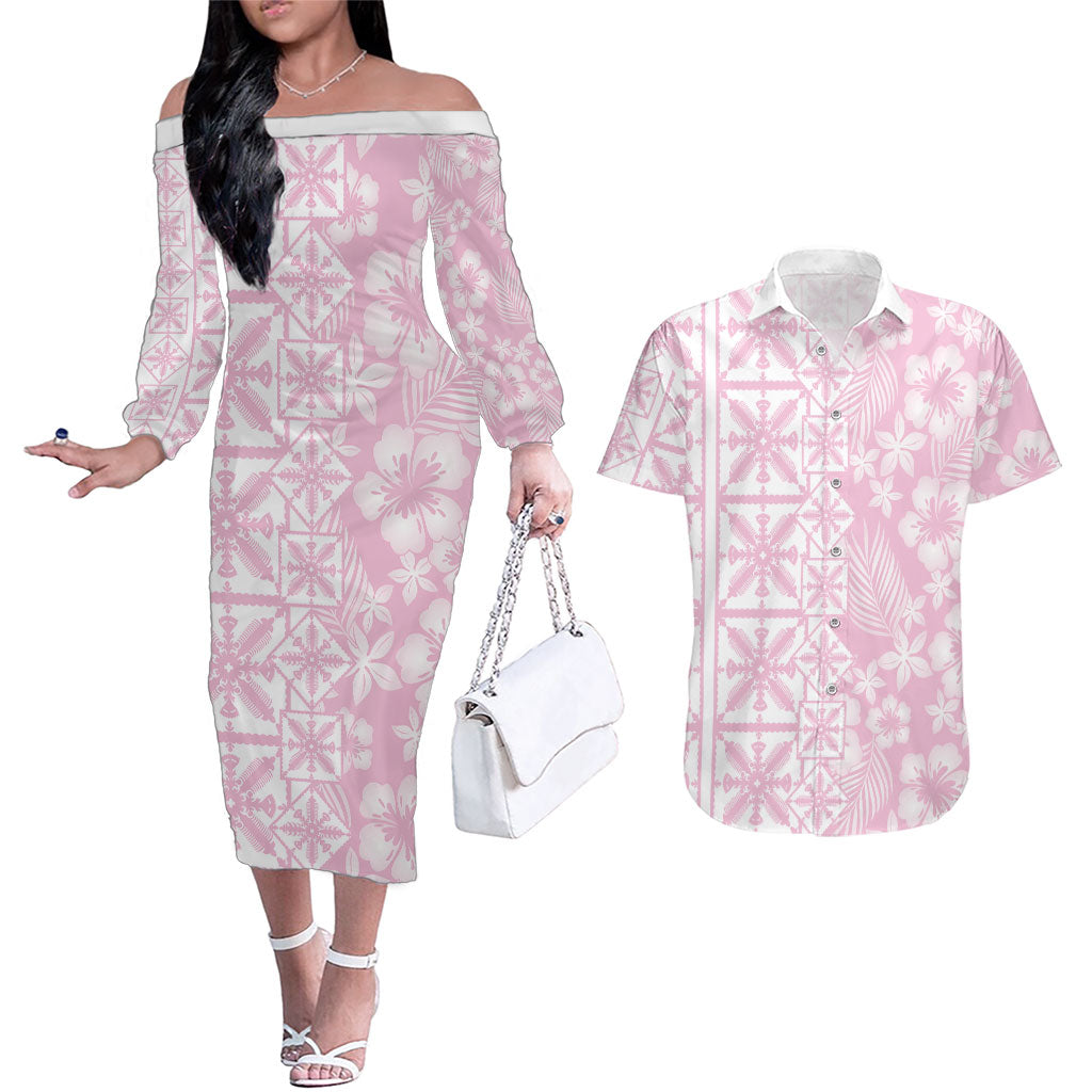 Pastel Pink Kahili Quilt Hawaii Couples Matching Off The Shoulder Long Sleeve Dress and Hawaiian Shirt Tropical Flower Seamless Half Style