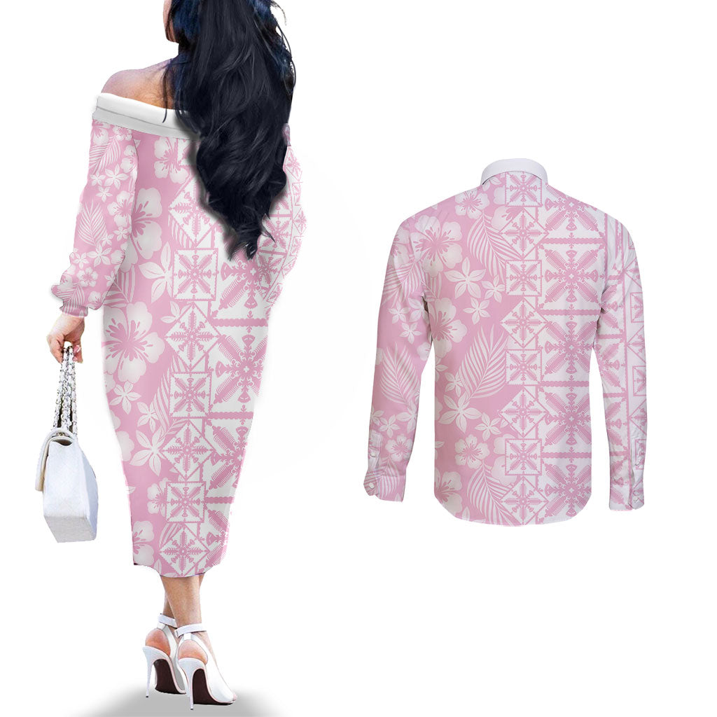 Pastel Pink Kahili Quilt Hawaii Couples Matching Off The Shoulder Long Sleeve Dress and Long Sleeve Button Shirt Tropical Flower Seamless Half Style