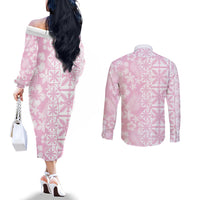 Pastel Pink Kahili Quilt Hawaii Couples Matching Off The Shoulder Long Sleeve Dress and Long Sleeve Button Shirt Tropical Flower Seamless Half Style