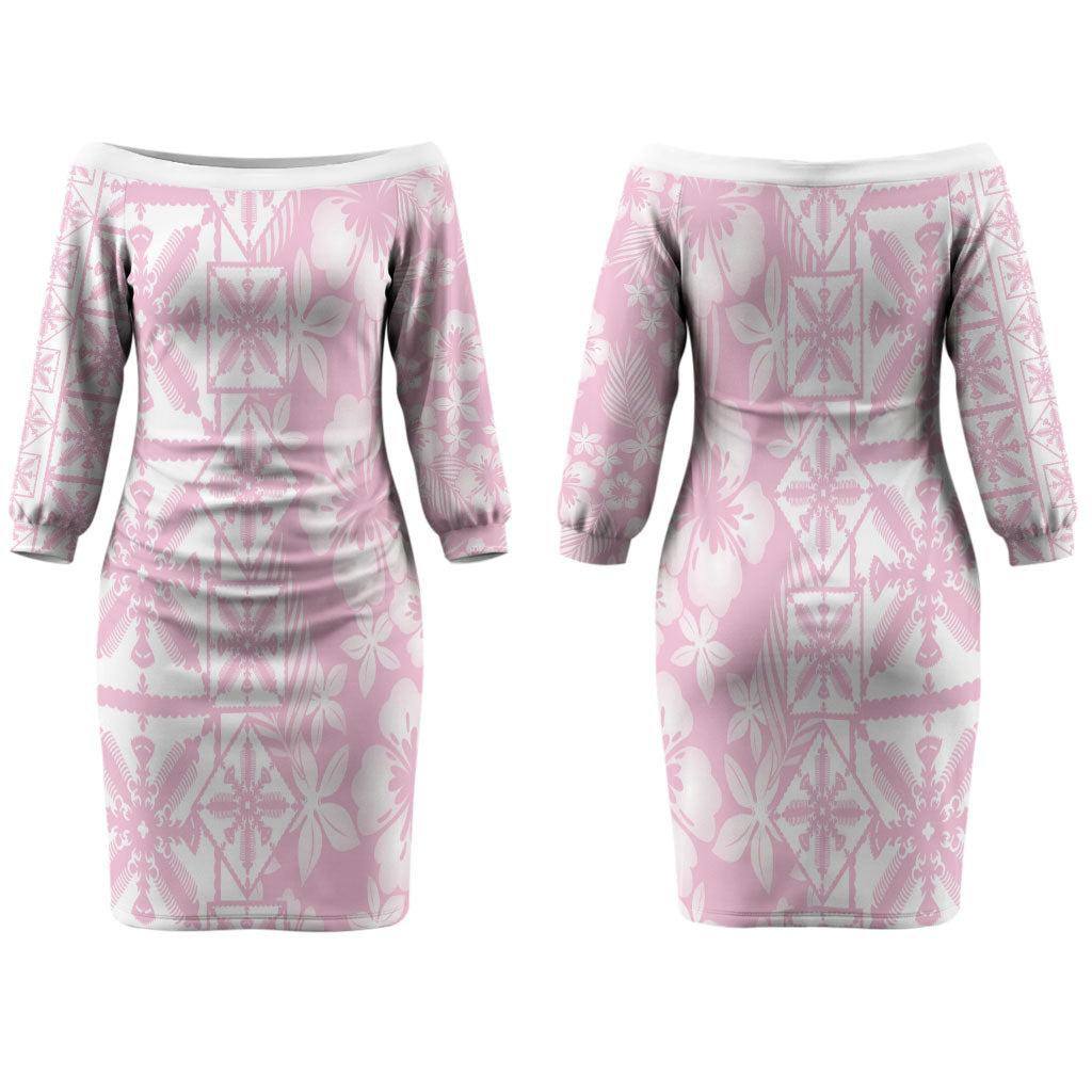 Pastel Pink Kahili Quilt Hawaii Couples Matching Off The Shoulder Long Sleeve Dress and Long Sleeve Button Shirt Tropical Flower Seamless Half Style LT14 - Polynesian Pride
