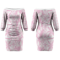 Pastel Pink Kahili Quilt Hawaii Couples Matching Off The Shoulder Long Sleeve Dress and Long Sleeve Button Shirt Tropical Flower Seamless Half Style LT14 - Polynesian Pride