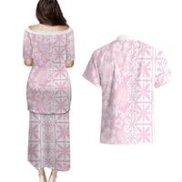 Pastel Pink Kahili Quilt Hawaii Couples Matching Puletasi and Hawaiian Shirt Tropical Flower Seamless Half Style