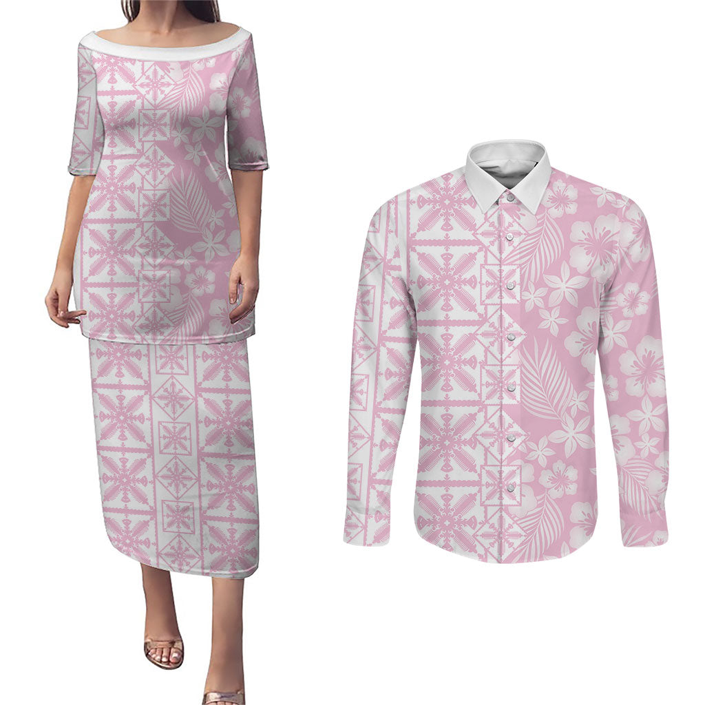 Pastel Pink Kahili Quilt Hawaii Couples Matching Puletasi and Long Sleeve Button Shirt Tropical Flower Seamless Half Style LT14 Pink - Polynesian Pride