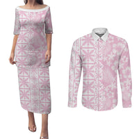 Pastel Pink Kahili Quilt Hawaii Couples Matching Puletasi and Long Sleeve Button Shirt Tropical Flower Seamless Half Style